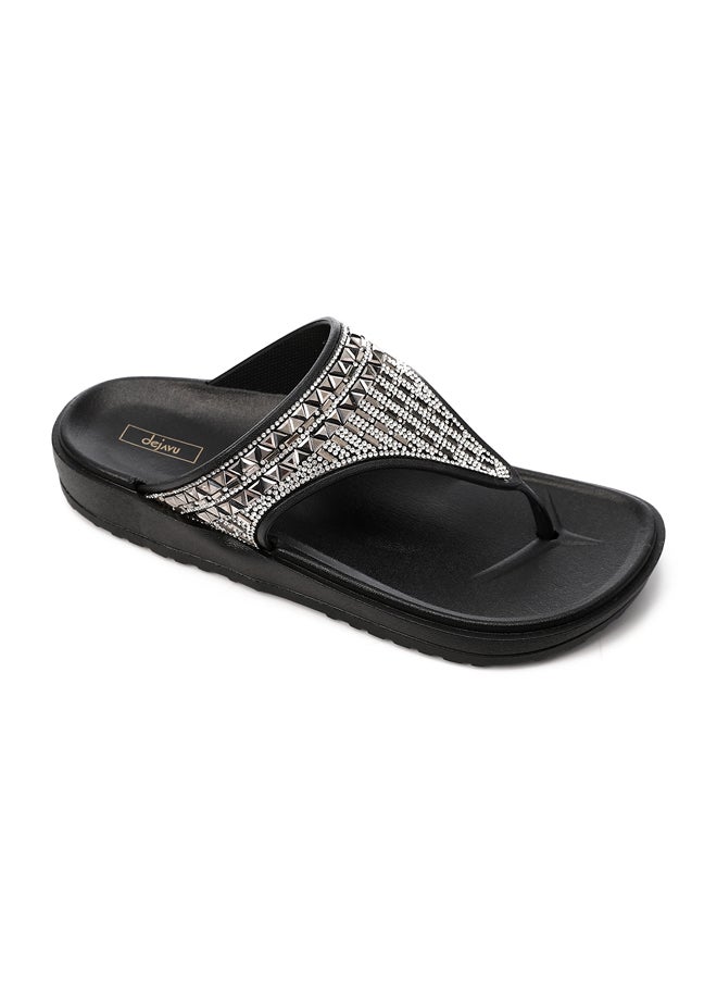 DejaVu - Decorated One-Thong Black Slippers - Image 1