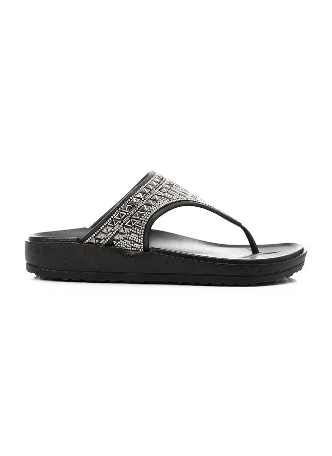 DejaVu - Decorated One-Thong Black Slippers - Image 1