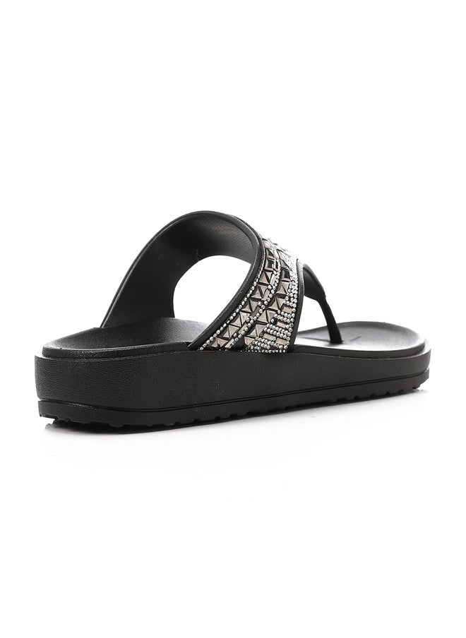 DejaVu - Decorated One-Thong Black Slippers - Image 1