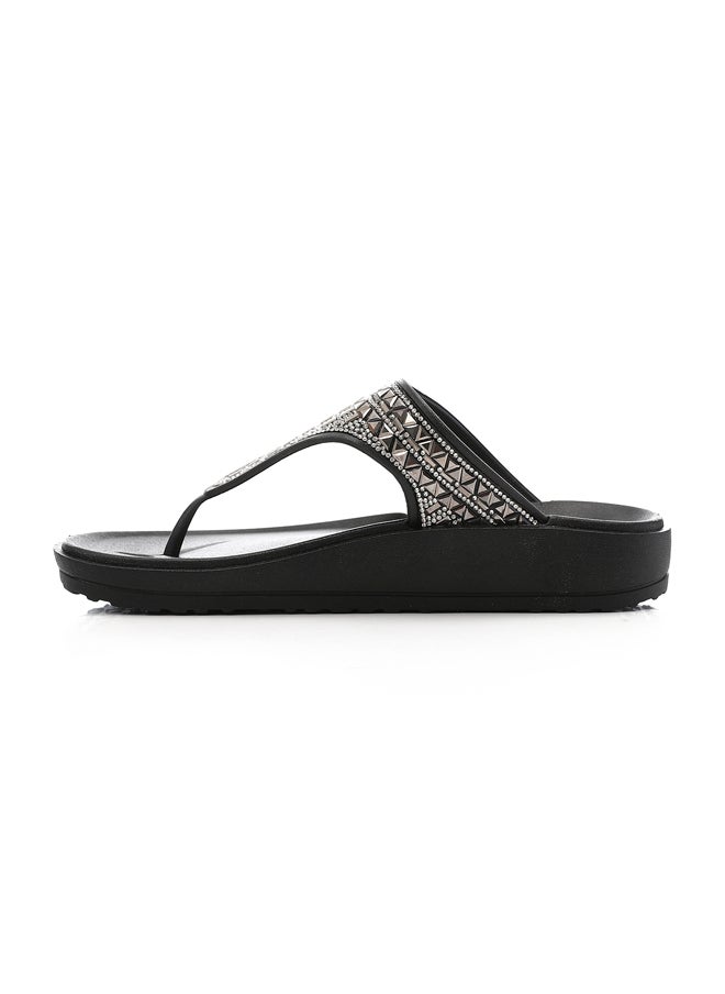 DejaVu - Decorated One-Thong Black Slippers - Image 1