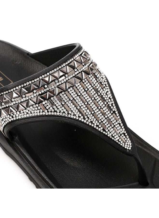 DejaVu - Decorated One-Thong Black Slippers - Image 1