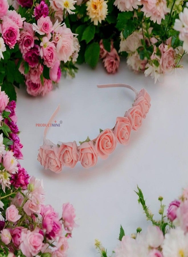 PRODUCTMINE طوق شعر مزين بالزهور من PRODUCTMINE®، إكسسوارات شعر مزينة بالزهور، طوق رأس مزين بالزهور للنساء والفتيات، تاج زفاف للنساء - لون خوخي صناعي: قطعة واحدة - Image 2