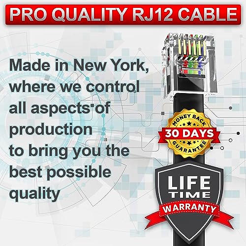 AMZ Pro AmzDeals 2-Pack 6 Feet Black RJ12 6P6C Straight Wired Cable, Pro Grade Data and Voice Phone Line Cord - Made in USA - Image 4