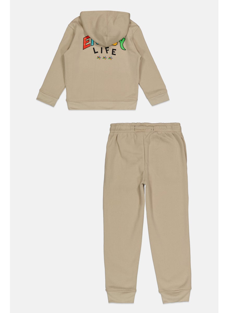 brooklyn Toddlers Boy 2piece Hooded Printed Long Sleeves Sweatshirt And Pant, Beige  - Image 2