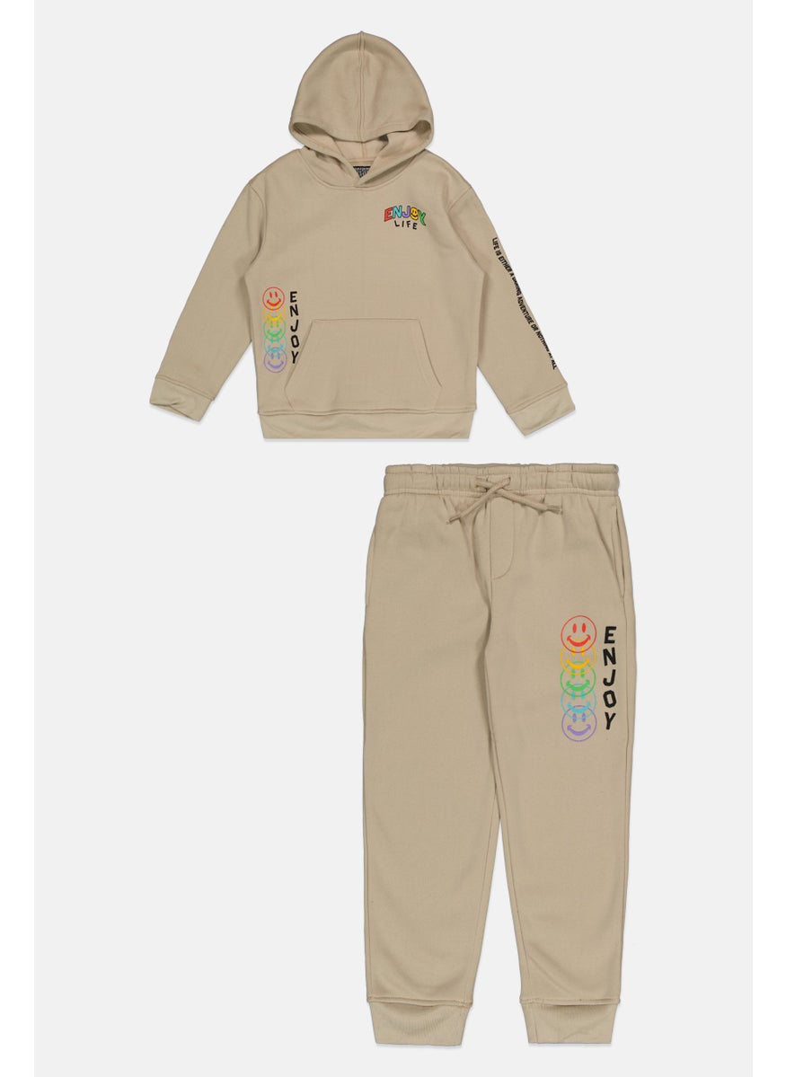 brooklyn Toddlers Boy 2piece Hooded Printed Long Sleeves Sweatshirt And Pant, Beige  - Image 1