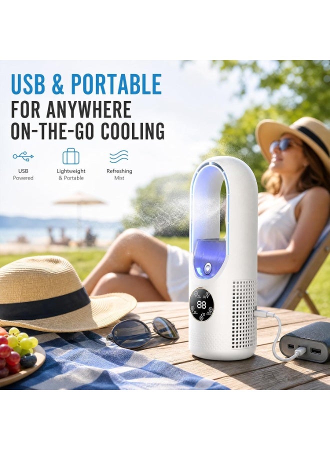 مروحة محمولة مزودة بمرطب هواء - مروحة تبريد شخصية قابلة للشحن عبر USB، تتميز بـ 6 إعدادات للسرعة، وإضاءة ليلية LED، ومؤقت، وتعمل كمبرد هواء صغير؛ مناسبة للمنزل والمكتب وغرفة النوم والسفر. - Image 3
