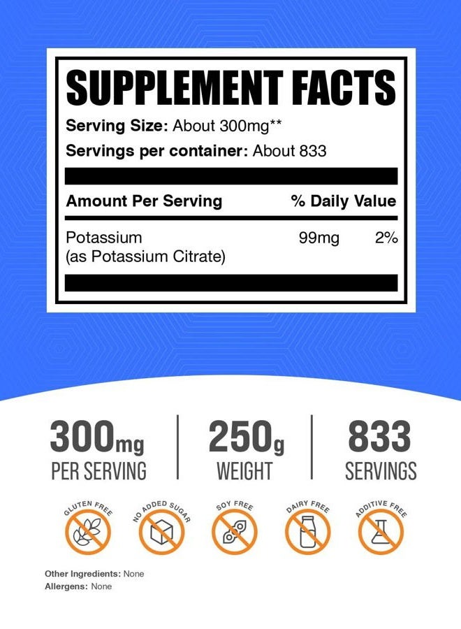 BULKSUPPLEMENTS.COM .com Potassium Citrate Powder - Potassium Citrate Supplement, Potassium Powder, Potassium 99mg - Gluten Free, 300mg per Serving, 250g (8.8 oz) (Pack of 1) - Image 2
