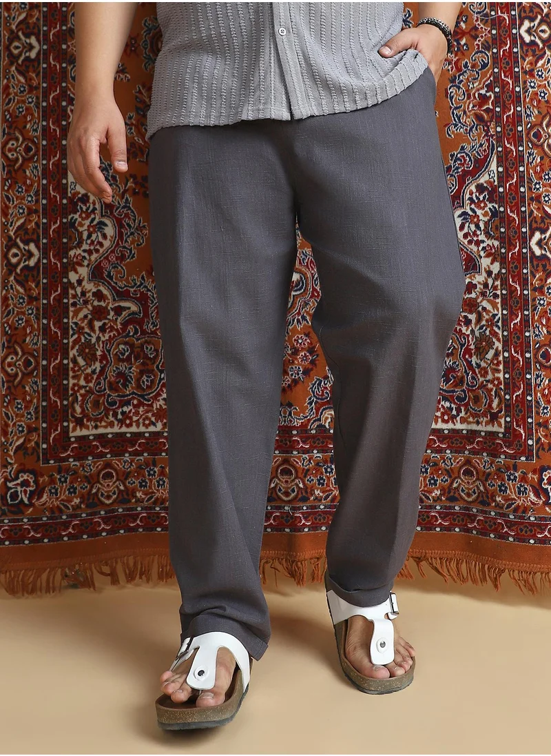 انستافاب بلس Instafab Plus Men's Navy Blue Linen-Blend Cuffed Trousers For Casual Wear | Mid-Rise | Regular Fit | Button Closure | Plus Size Trousers Crafted With Comfort Fit For Everyday Wear