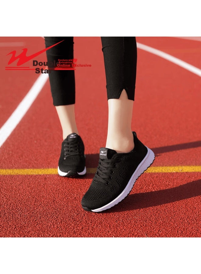 Shuangxing Women's Flyknit Running Shoes  All-season Lightweight Breathable Non-slip Durable Mesh Sports Shoes Black White Size 36
