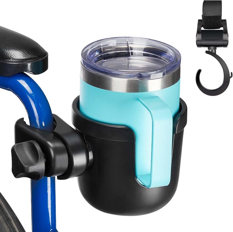 JOYTUTUS Wheelchair Cup Holder, 2 Pack Rollator Cup Holder, 4 Flexible Tabs with Hook Drink Holder for Walker, Scooter, Stroller, Mobility - Image 1