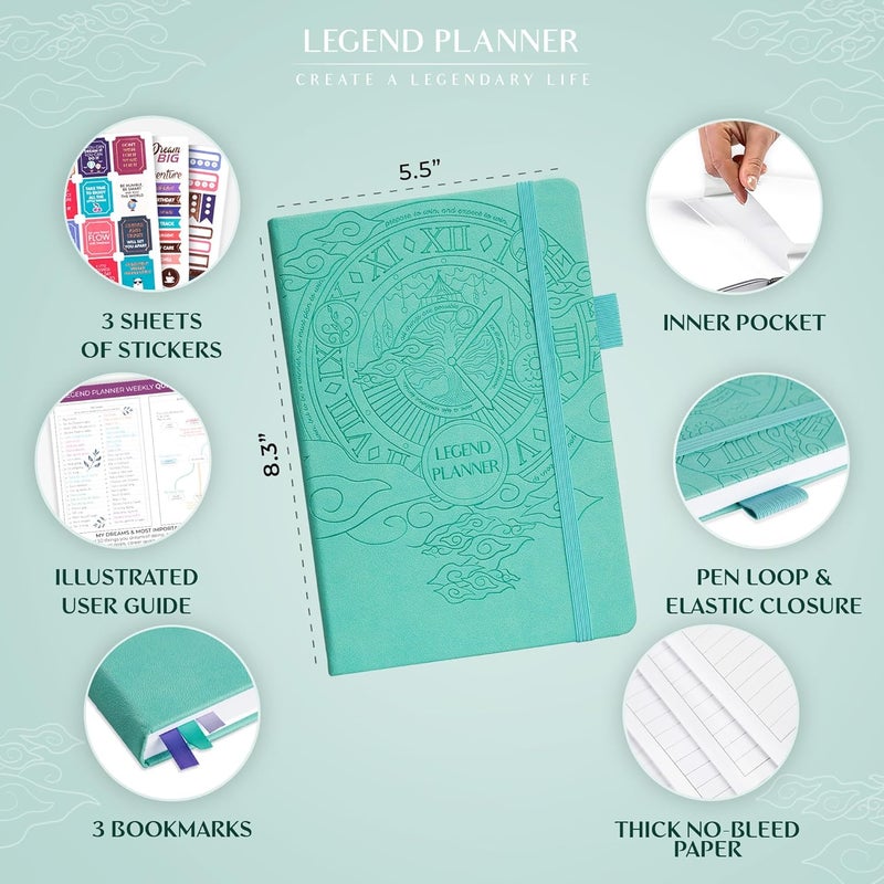 Legend Planner مخطط الأسطورة – مخطط الحياة الفاخر الأسبوعي والشهري لتحقيق أهدافك والعيش بسعادة. دفتر منظم ومجلة إنتاجية. غلاف صلب بحجم A5، غير مؤرخ – ابدأ في أي وقت + ملصقات – أزرق مائي - Image 2
