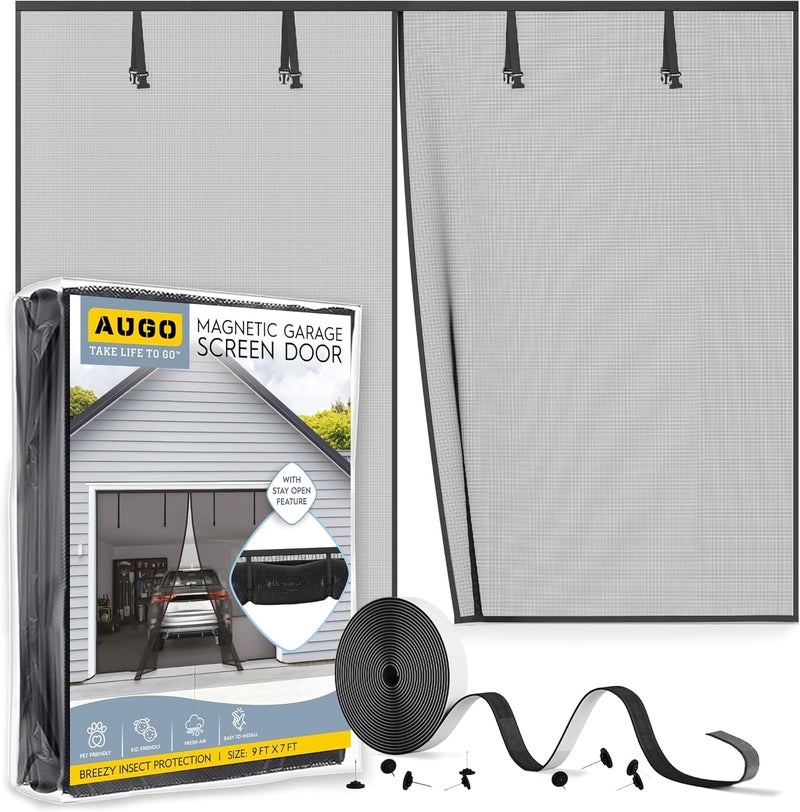 AUGO Garage Door Screen,1 Car 9x7FT, Fiberglass mesh with Magnetic Closure, Heavy Duty Weighted Bottom, Easy Assembly & Pass, Hands Free Screen Door - Image 1