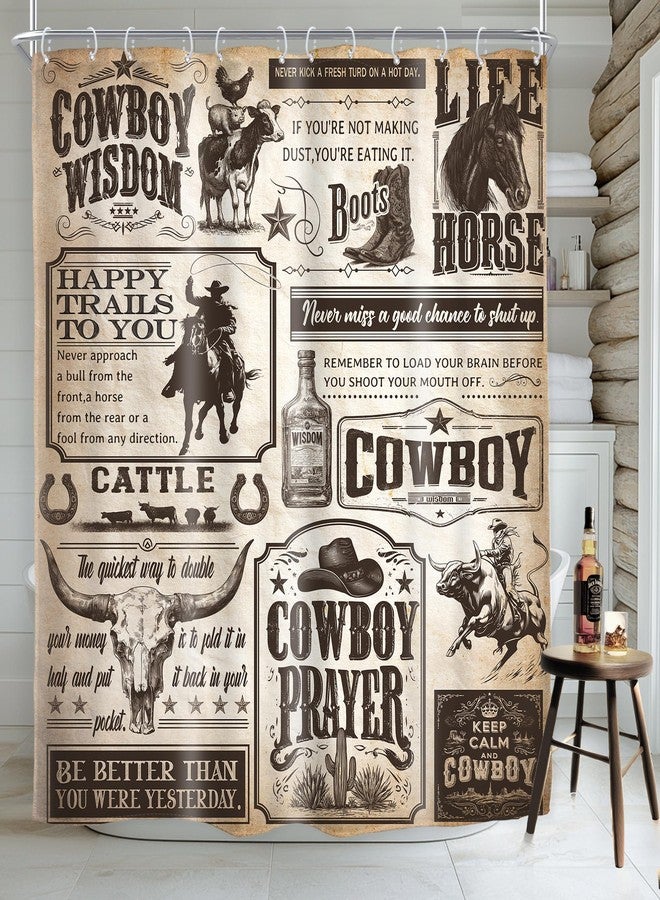 AMBZEK Western Cowboy Shower Curtain 60Wx72L Inch Vintage Wild West Cactus Rustic Farmhouse Country Horse Bull Artwork Cloth Fabric Waterproof Polyester Bathroom Decor Set with 12 Pack Hook - Image 1
