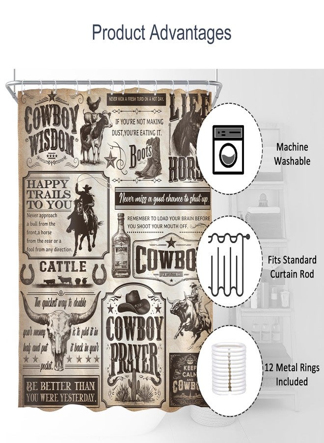 AMBZEK Western Cowboy Shower Curtain 60Wx72L Inch Vintage Wild West Cactus Rustic Farmhouse Country Horse Bull Artwork Cloth Fabric Waterproof Polyester Bathroom Decor Set with 12 Pack Hook - Image 5