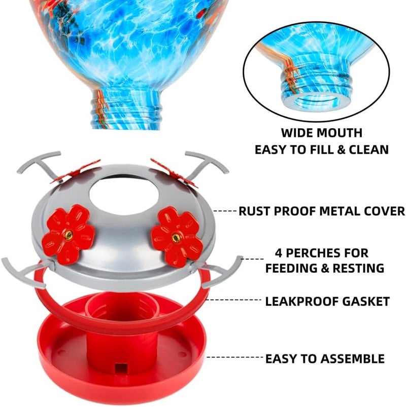 REZIPO Hummingbird Feeder with Perch - Hand Blown Glass - Blue - 38 Fluid Ounces Hummingbird Nectar Capacity Include Hanging Wires and Moat Hook - Image 3