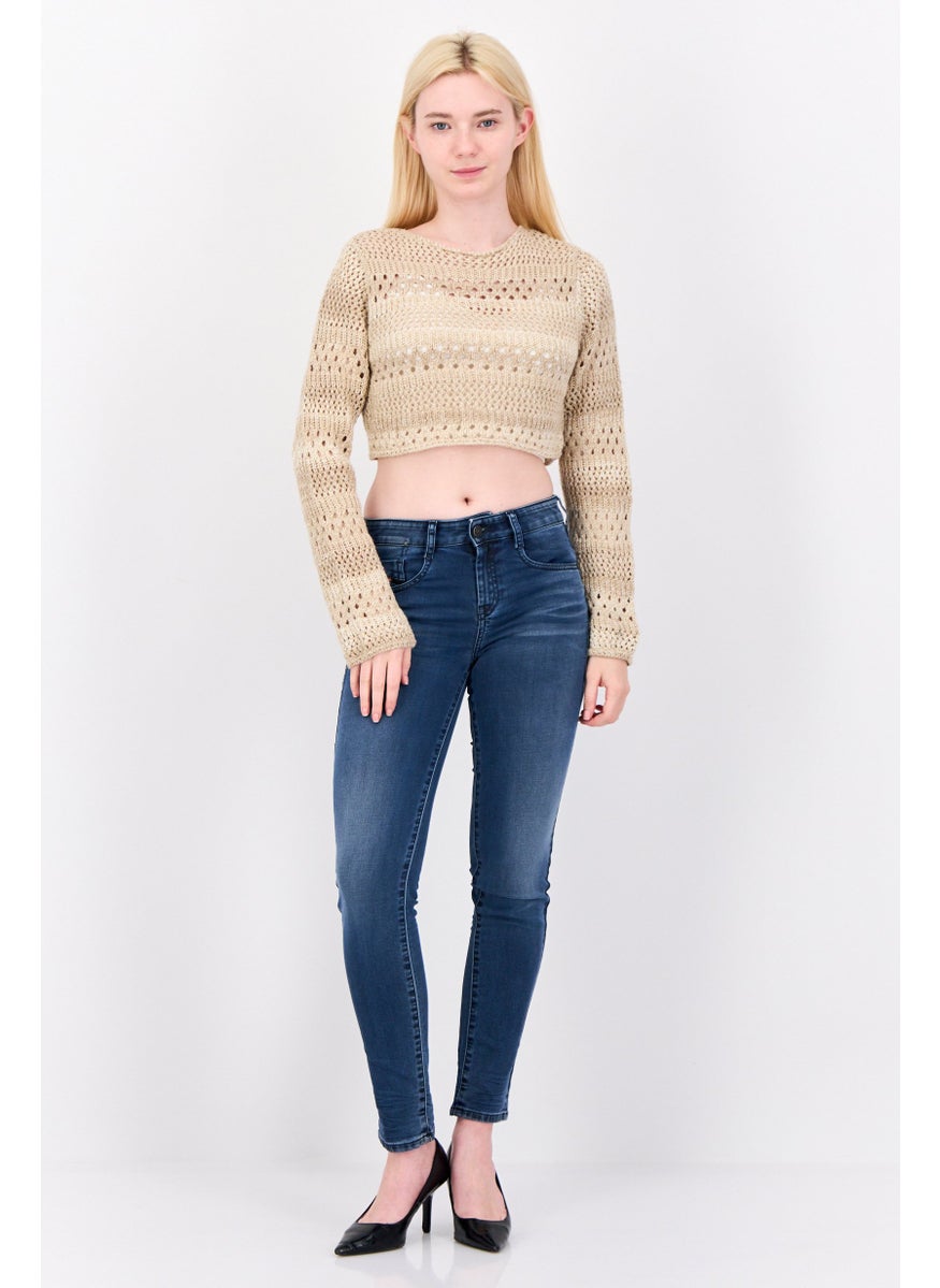 Don't Call Me Jennyfer - Women Round Neck Eyelet Knitted Sweater, Tan - Image 1