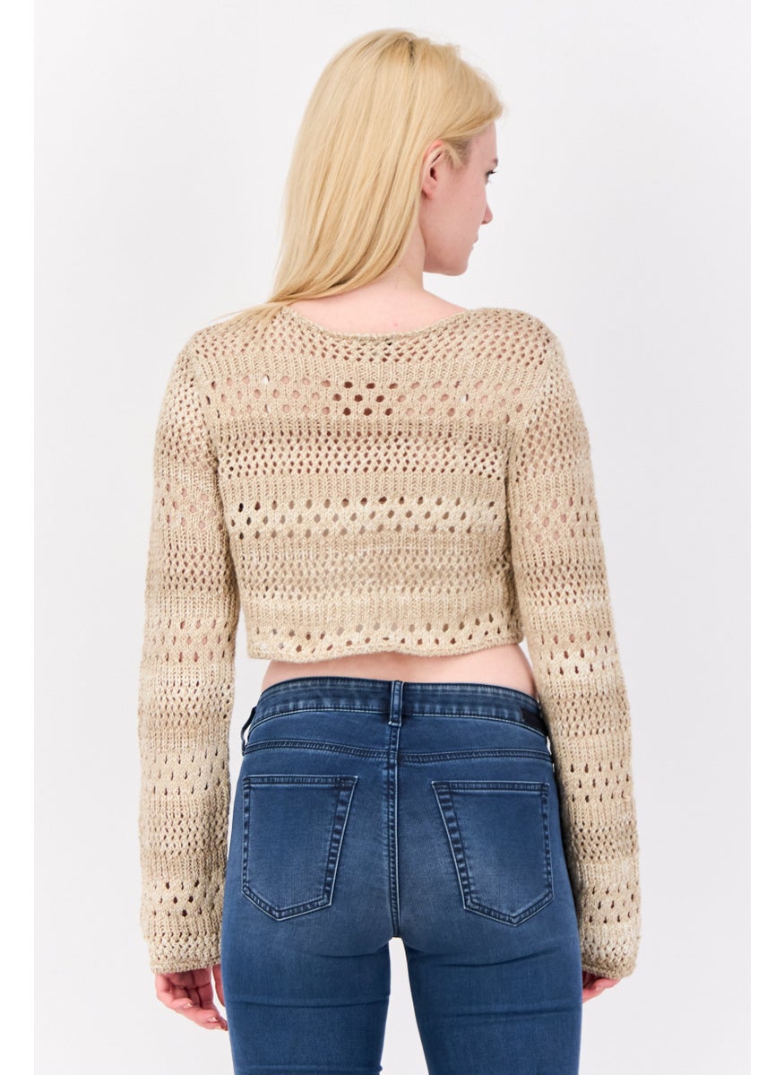 Don't Call Me Jennyfer - Women Round Neck Eyelet Knitted Sweater, Tan - Image 1