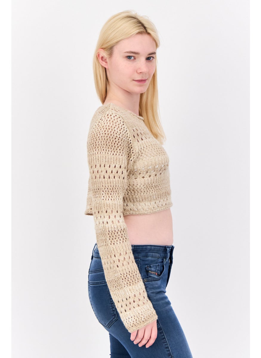 Don't Call Me Jennyfer - Women Round Neck Eyelet Knitted Sweater, Tan - Image 1