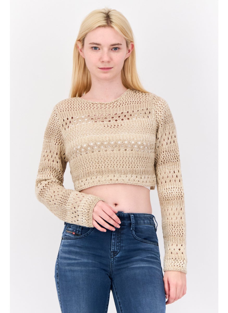 Don't Call Me Jennyfer - Women Round Neck Eyelet Knitted Sweater, Tan - Image 1