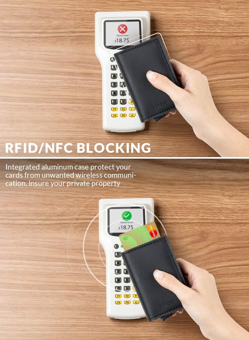 VULKIT Pop Up Wallet Automatic Leather Slim Credit Card Holder RFID Blocking Metal Double Card Case for Men and Women Black - Image 3