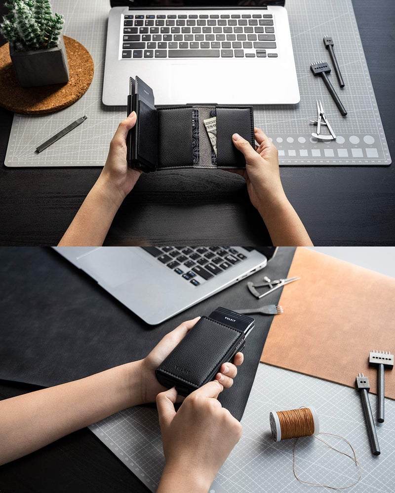 VULKIT Pop Up Wallet Automatic Leather Slim Credit Card Holder RFID Blocking Metal Double Card Case for Men and Women Black - Image 4