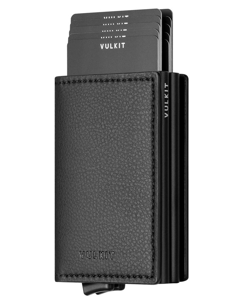 VULKIT Pop Up Wallet Automatic Leather Slim Credit Card Holder RFID Blocking Metal Double Card Case for Men and Women Black - Image 1