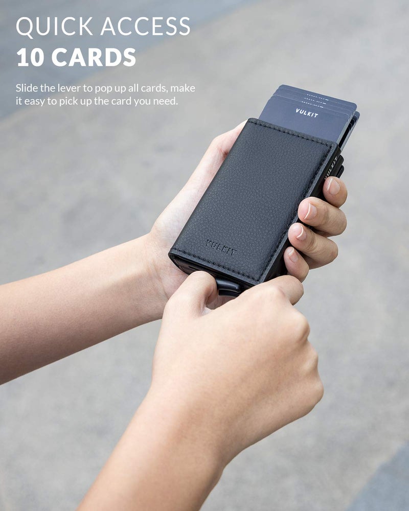 VULKIT Pop Up Wallet Automatic Leather Slim Credit Card Holder RFID Blocking Metal Double Card Case for Men and Women Black - Image 2