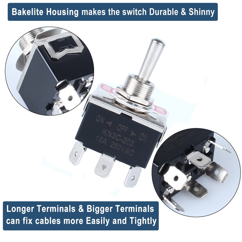 DMWD 2pcs Heavy Duty Rocker Toggle Switch 0-250V 15A DPDT 6 Pins 3 Positions ON-Off-ON Latching with Waterproof Boot Cap pre-Wired Cables for Auto Car Truck Boat Marine - Image 4