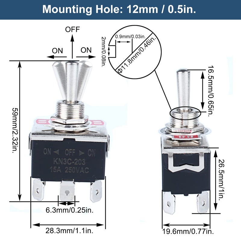 DMWD 2pcs Heavy Duty Rocker Toggle Switch 0-250V 15A DPDT 6 Pins 3 Positions ON-Off-ON Latching with Waterproof Boot Cap pre-Wired Cables for Auto Car Truck Boat Marine - Image 2