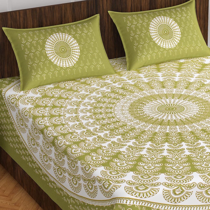 Meejoya 100 Queen Size Rajasthani Jaipuri Traditional Sanganeri Print 144 TC Cotton Double Size Bedsheet with 2 Pillow Covers Multicolor Bedsheets 140 - Image 1