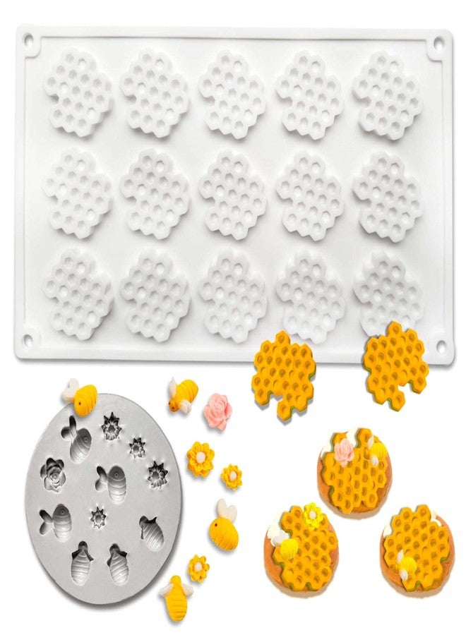Acxydm 2PCS 15 Cavity Honeycomb Mold & Bee Silicone Tuile Molds,Honey comb Baking Mold,3D Beehive Candy Silicone Honey Fondant Molds,Chocolate silicone baking set Sugar Bees for Cake Decorating - Image 1