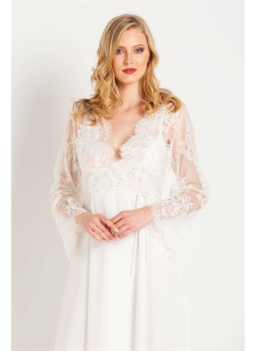 Magic Form 31770 Women's Ecru Tasseled Lace Long Crepe Dressing Gown  - Image 1