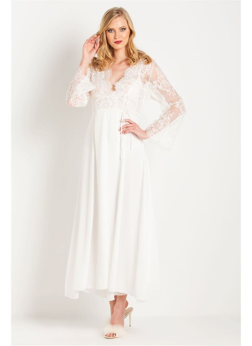 Magic Form 31770 Women's Ecru Tasseled Lace Long Crepe Dressing Gown  - Image 4
