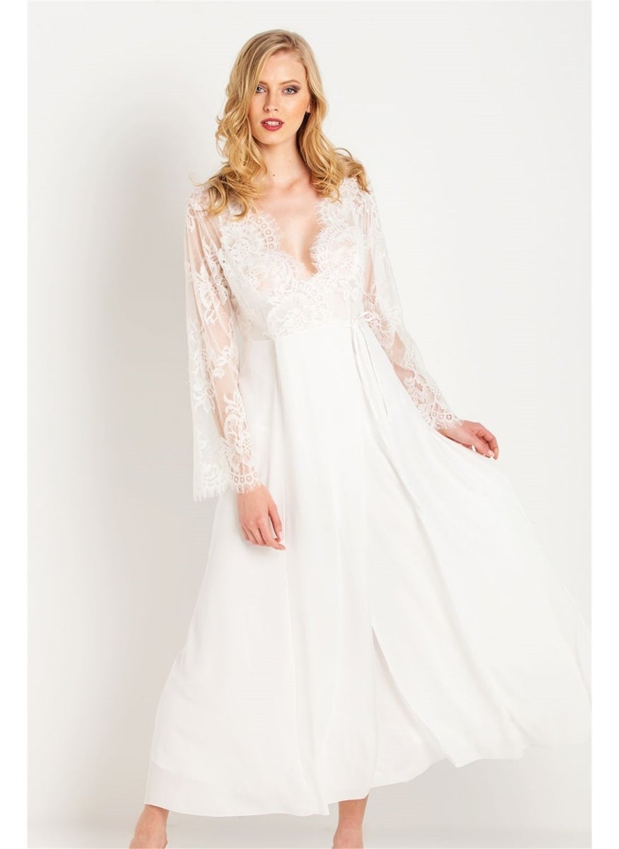 Magic Form 31770 Women's Ecru Tasseled Lace Long Crepe Dressing Gown  - Image 3