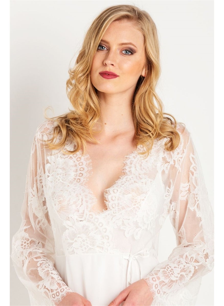 Magic Form 31770 Women's Ecru Tasseled Lace Long Crepe Dressing Gown  - Image 2