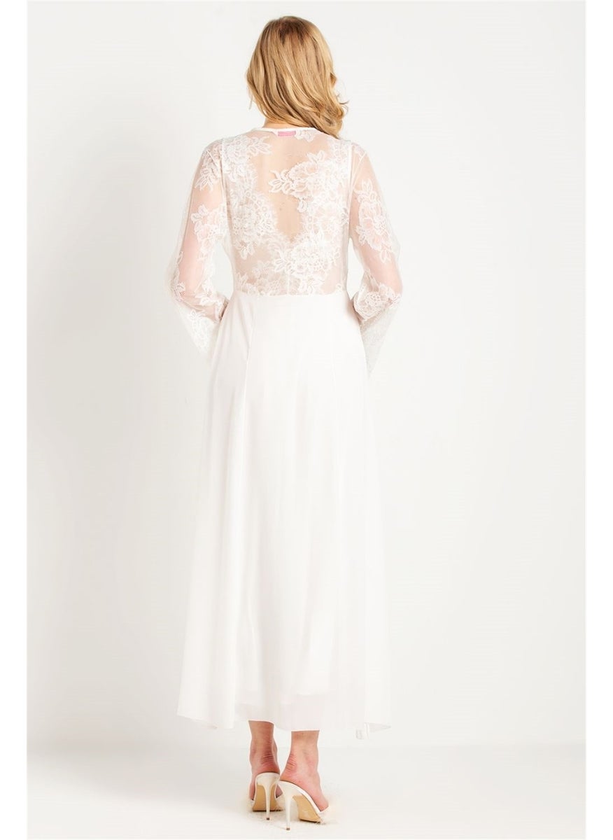 Magic Form 31770 Women's Ecru Tasseled Lace Long Crepe Dressing Gown  - Image 5