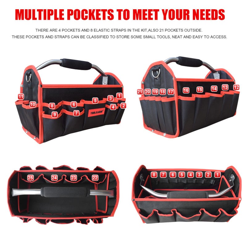 TOOLEAGUE 19 Inches Heavy Duty Tool Bag 25 Pockets, 1680D Fabric Tool Bags with Strong Molded Base, Multi-pocket Tool Organizer with Adjustable Shoulder Strap - Image 4