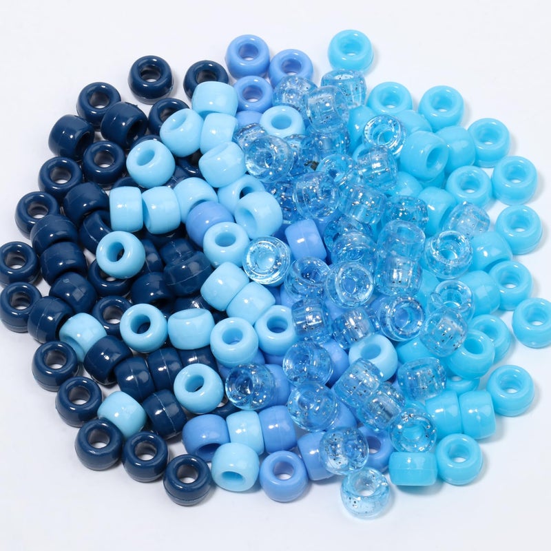 1200Pcs 6x9mm Pony Beads for Bracelets Making Kit 5 Style Blue Colors Kandi Beads Bulk for Friendship Bracelet Kit Hair Beads for Braids with Stretch Cord and Scissors