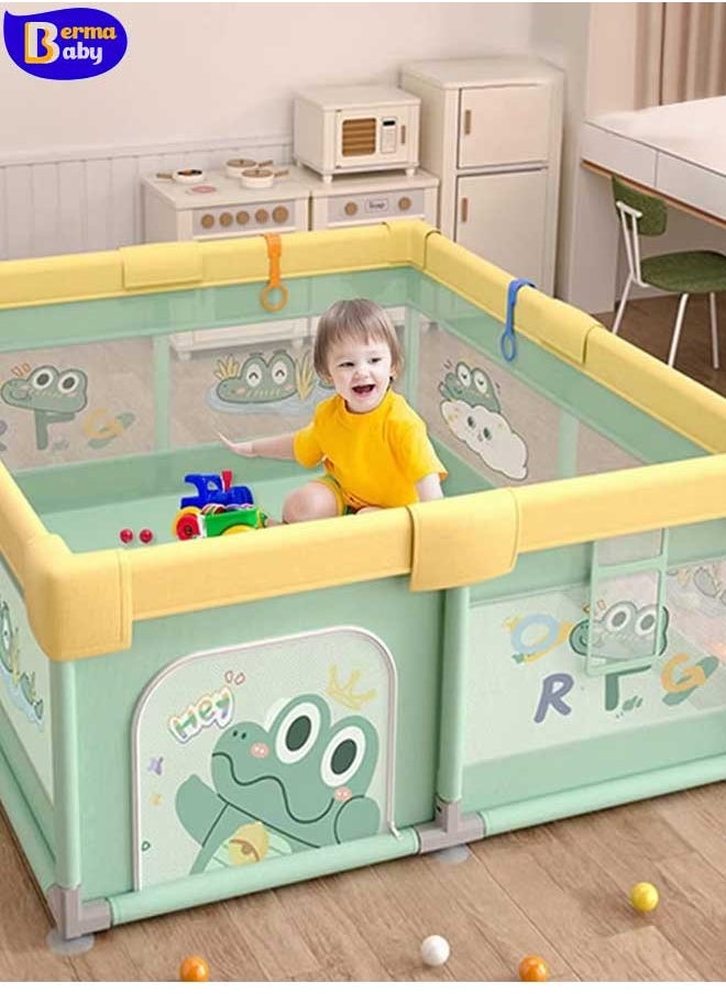 Berma Baby Baby Playpen with Mat-Baby and Toddler Fence 150 x 180cm Baby Fence Play Area Portable Children's Activity Centre Non-Slip Suction Cups and Soft Breathable (Frogs)  - Image 2
