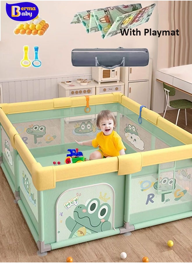 Berma Baby Baby Playpen with Mat-Baby and Toddler Fence 150 x 180cm Baby Fence Play Area Portable Children's Activity Centre Non-Slip Suction Cups and Soft Breathable (Frogs)  - Image 1