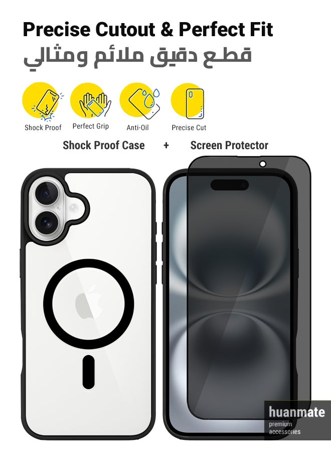 huanmate - 2 in 1 Apple iPhone 16 Magsafe Protection Pack - Ultra Clear Shockproof Case & Anti-Peeping Privacy Glass Screen Protector, All-Round Defense with High Transparency & Easy Installation - Image 1