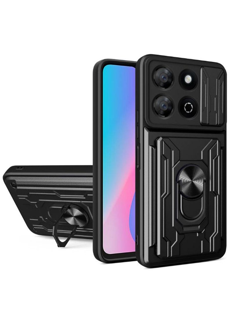 for TECNO Spark 30 5G Case, Card Holder & Slide Camera Lens Cover, Magnetic Ring Holder Kickstand Protective Phone Case for TECNO Spark 30 5G, Black 