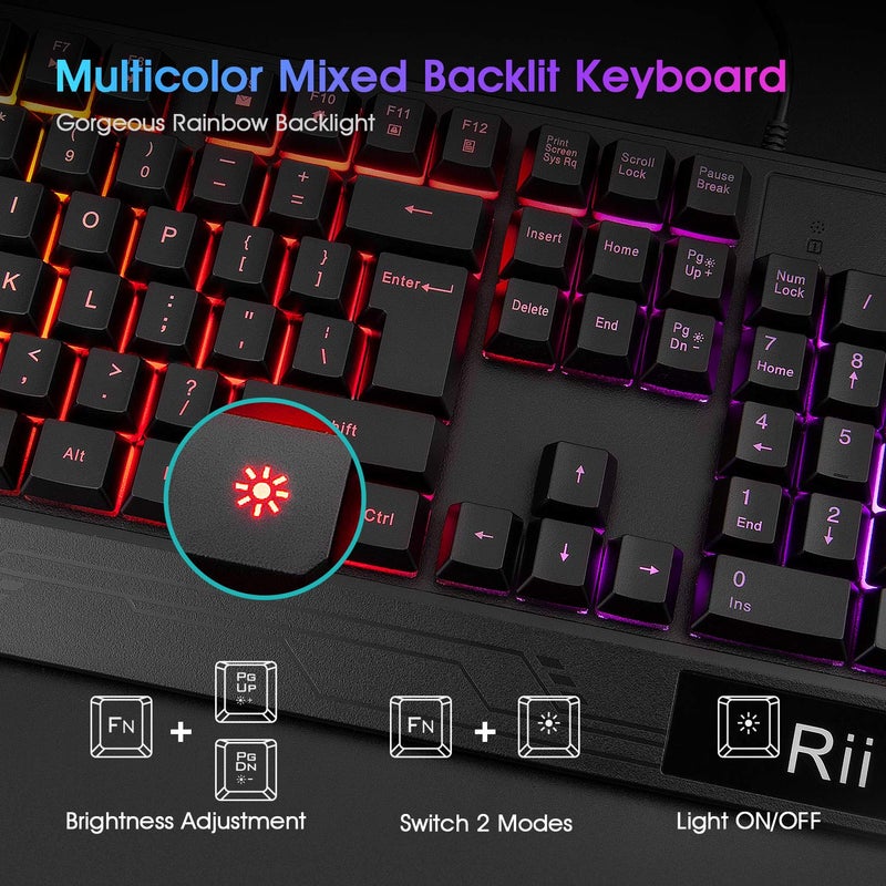 Rii Gaming Keyboard and Mouse Combo,USB Wired,104 Keys RGB LED Backlit Keyboard with Wrist Rest for PC/Laptop (Black) - Image 3