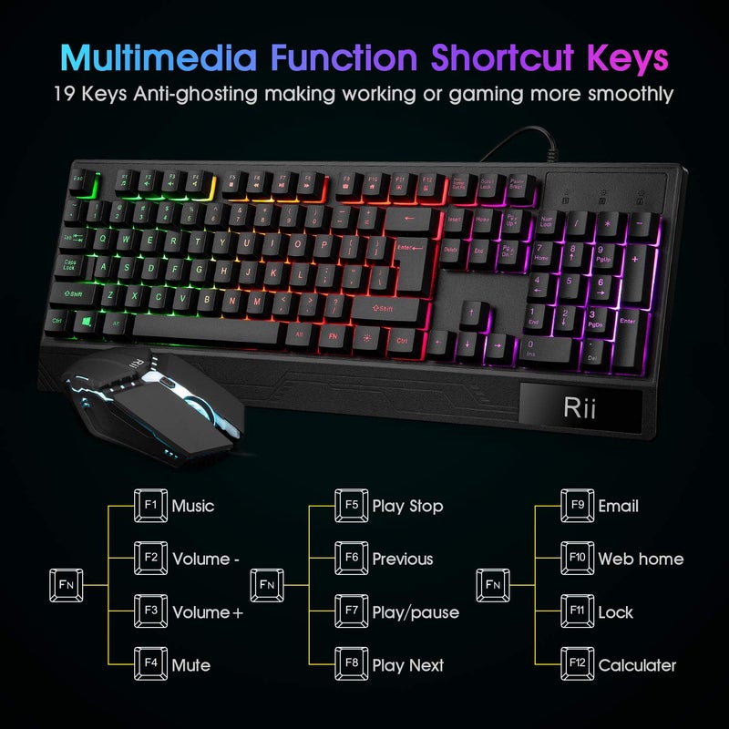 Rii Gaming Keyboard and Mouse Combo,USB Wired,104 Keys RGB LED Backlit Keyboard with Wrist Rest for PC/Laptop (Black) - Image 5