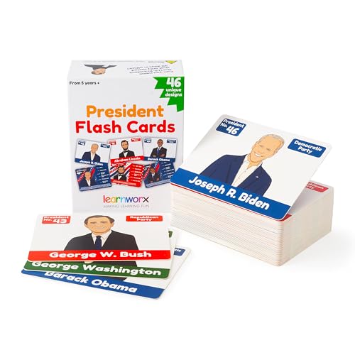 learnworx US Presidents for Kids Flash Cards 46 President Cards Learn Presidents of The USA Includes US Presidents Party Vice President Facts Gift Ages 5678910 - Image 1