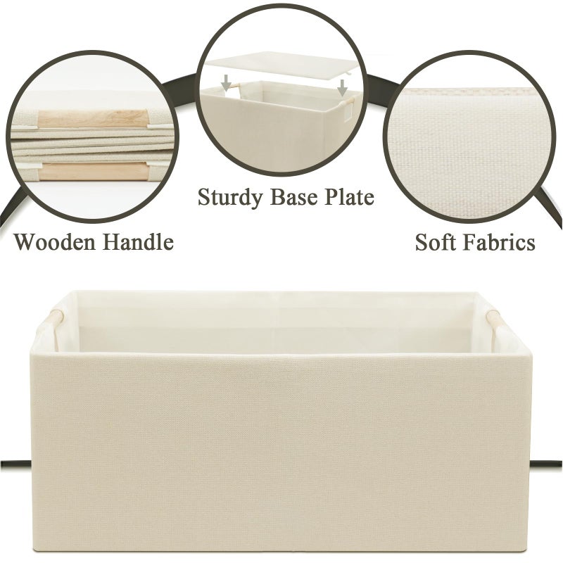 Jukercici Foldable Fabric Storage Cubes, 2 Packs Cloth Storage Baskets with Wooden Handles, Collapsible Shelf Closet Organizer Bins, Rectangular Storage Boxes for Decor (Beige) - Image 3