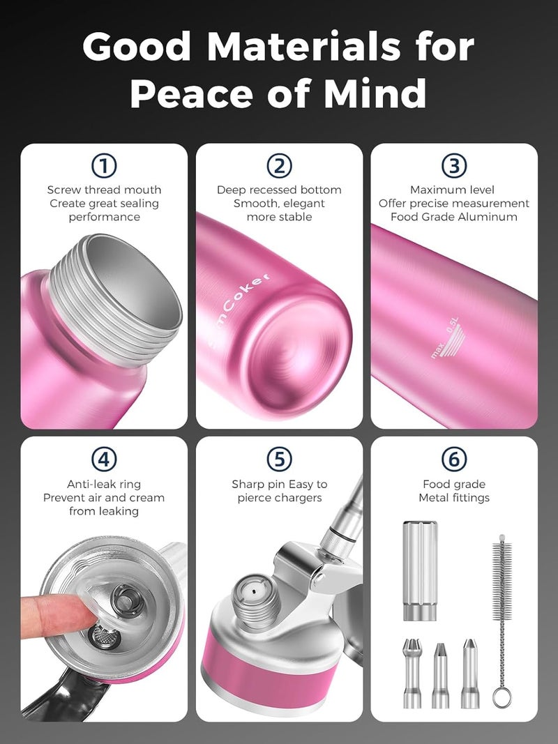 SimCoker Whipped Cream Dispenser,Aluminum Cream Whipper 500mL/1 Pint,3 Decorating Nozzles,1 Brush, 1 Storage Bag,Homemade Whipped Cream Maker,Pink - Image 2