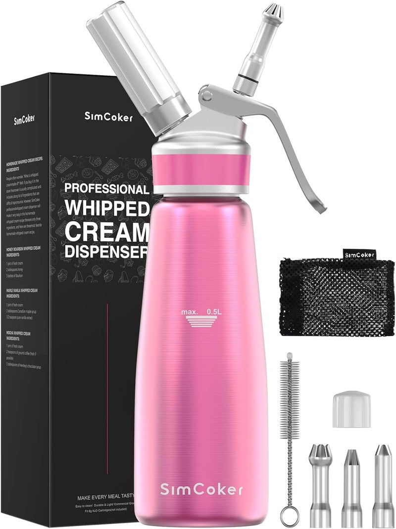 SimCoker Whipped Cream Dispenser,Aluminum Cream Whipper 500mL/1 Pint,3 Decorating Nozzles,1 Brush, 1 Storage Bag,Homemade Whipped Cream Maker,Pink - Image 1