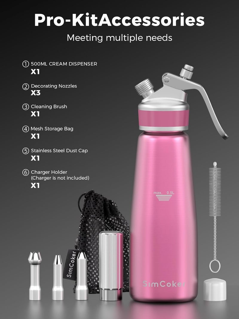 SimCoker Whipped Cream Dispenser,Aluminum Cream Whipper 500mL/1 Pint,3 Decorating Nozzles,1 Brush, 1 Storage Bag,Homemade Whipped Cream Maker,Pink - Image 4