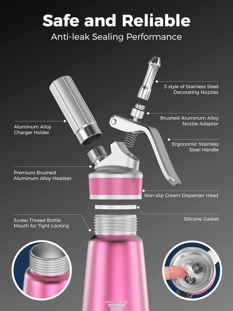 SimCoker Whipped Cream Dispenser,Aluminum Cream Whipper 500mL/1 Pint,3 Decorating Nozzles,1 Brush, 1 Storage Bag,Homemade Whipped Cream Maker,Pink - Image 5